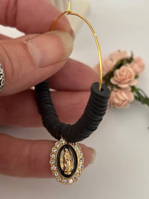 Miss DJ Angel – wholesale Hoop earrings – Ex-voto hoop earrings, asymmetrical ex-voto hoops, religious earrings, cross medal charm and Virgin medal charm2