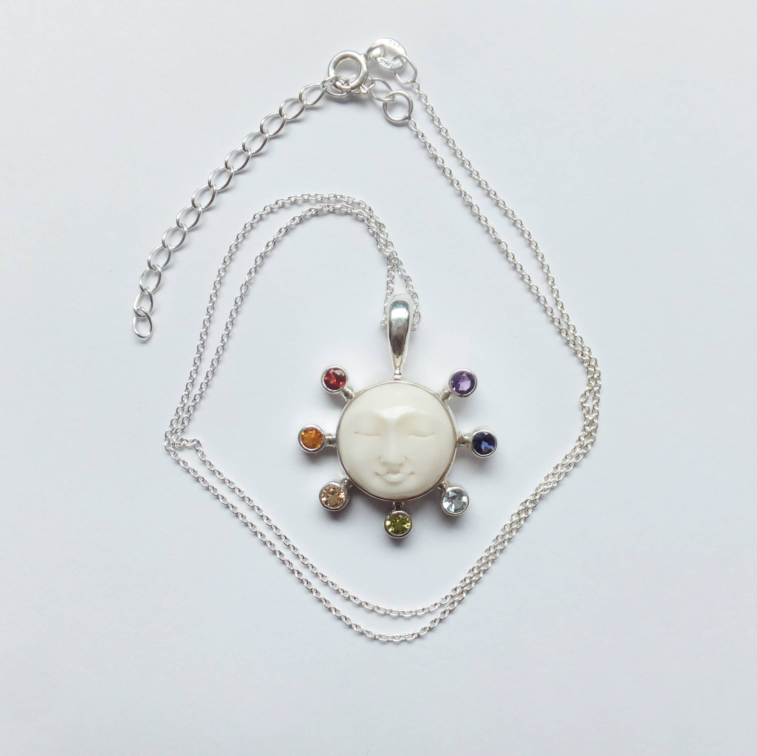 Ajmer by Jodi - Wholesale Individual Charm/Pendant - Moon Face Chakra Pendant in sterling silver ~ 7 faceted gems4