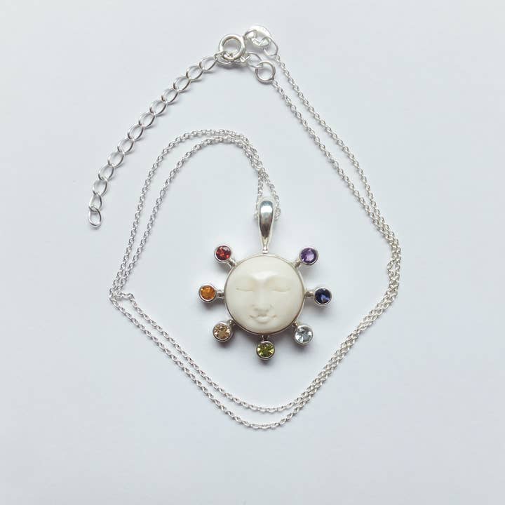 Ajmer by Jodi - Wholesale Individual Charm/Pendant - Moon Face Chakra Pendant in sterling silver ~ 7 faceted gems4