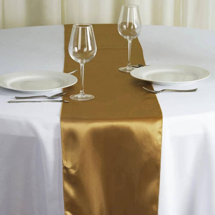 Party Expo, LLC - Venta al por mayor Caminos de mesa - Camino de mesa satinado dorado de 12 x 108 pulgadas