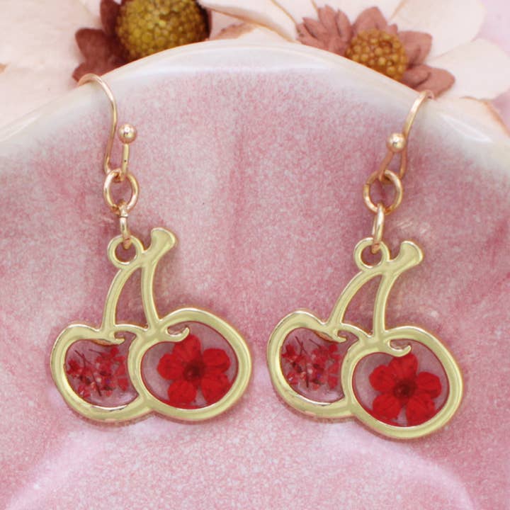 Red Dried Flower Gold Cherry Earrings for wholesale by ZAD