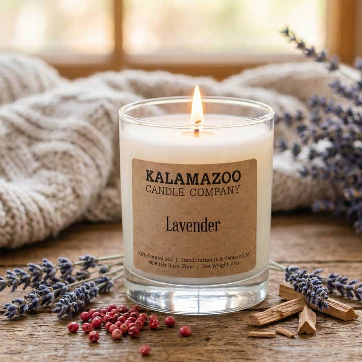 Candela di Soia alla Lavanda 10oz - Versata a Mano in Michigan per la vendita all'ingrosso da parte di Kalamazoo Candle Company