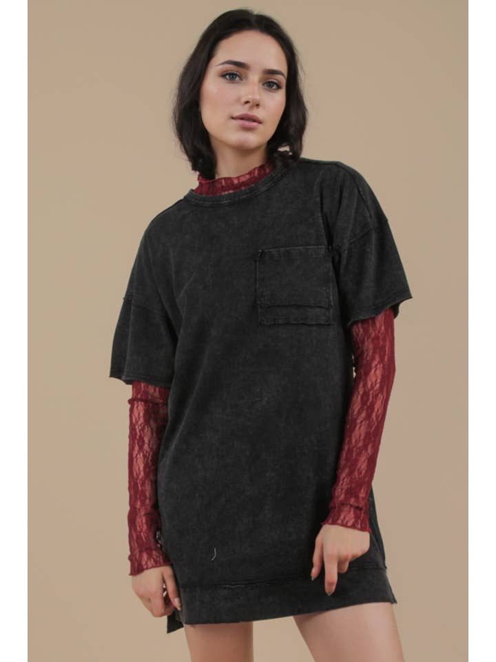 VERY J - Wholesale Dress - Women's - ND31634-Mineral Washed Knit Oversized Shift Mini Dress