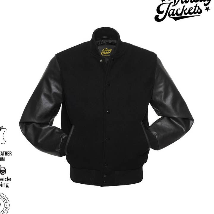 Black Wool & Black Leather Sleeves Classic Letterman Jacket for wholesale by Varsity Craft