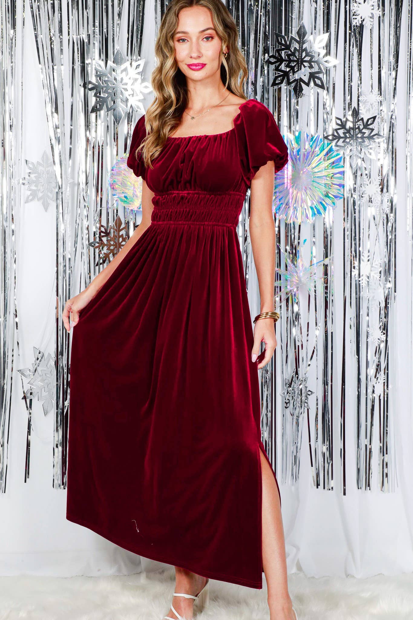 Vine & Love - Wholesale Dress - Women's - Square Neck Puff Sleeve Smocked Velvet Maxi Dress VD82053 19