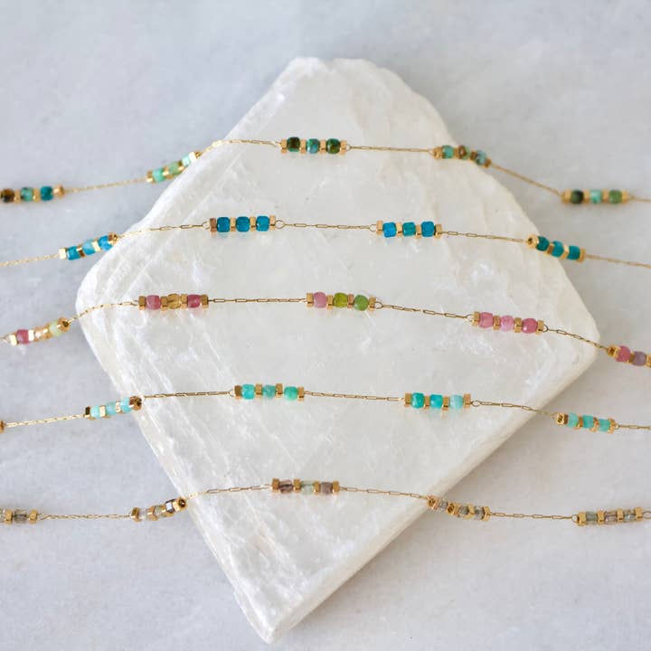 Mesa Blue - Wholesale Beaded/Pearl Necklace - Square Stone Beaded Chain - Apatite, Amazonite, Labradorite,