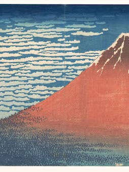 Vento Sul, Céu Limpo (Gaifū kaisei), também conhecido como Fuji Vermelho, da série Trinta e Seis Vistas do Monte Fuji (Fugaku sanjūrokkei) por Katsushika Hokusai ca. 1830–32 - postal por atacado de Flashback Shop