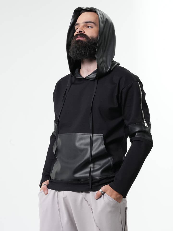 Black Hoodie With Leather Accents for wholesale by Metamorphoza