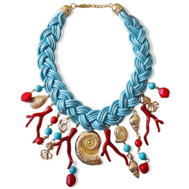 Bijoux Envie Statement Jewelry - Wholesale Halskettinghanger - Blauwe Geweven Schelp & Rode Koraal Halsketting | Statement