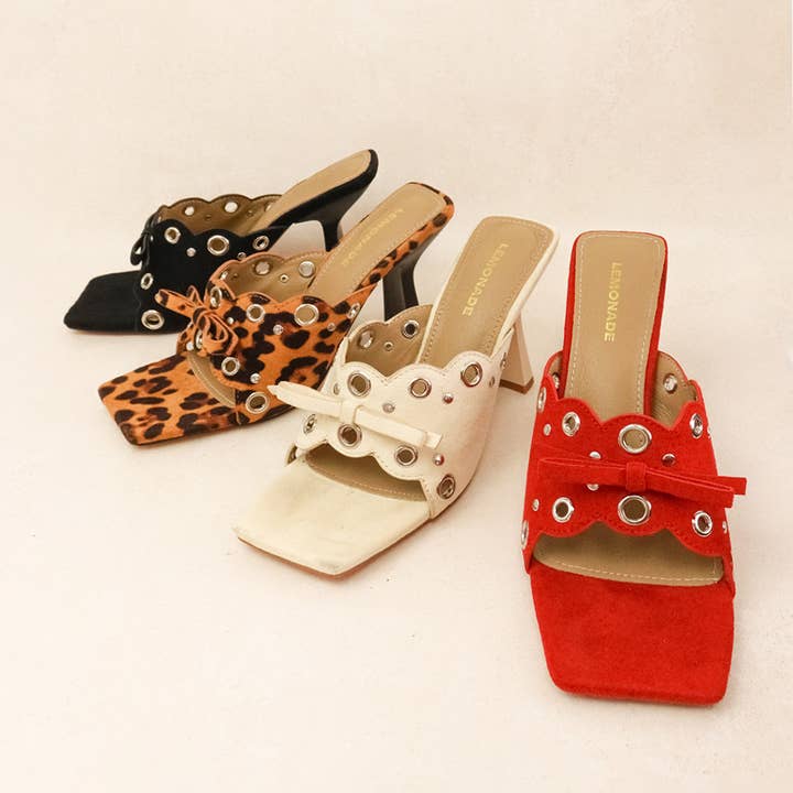 GARDEN - Square-Toe Mules, Bold Metal Accents, Bow Detail for wholesale by Lemonade Shoes