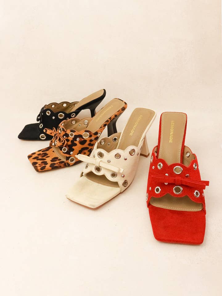 GARDEN - Square-Toe Mules, Bold Metal Accents, Bow Detail for wholesale by Lemonade Shoes