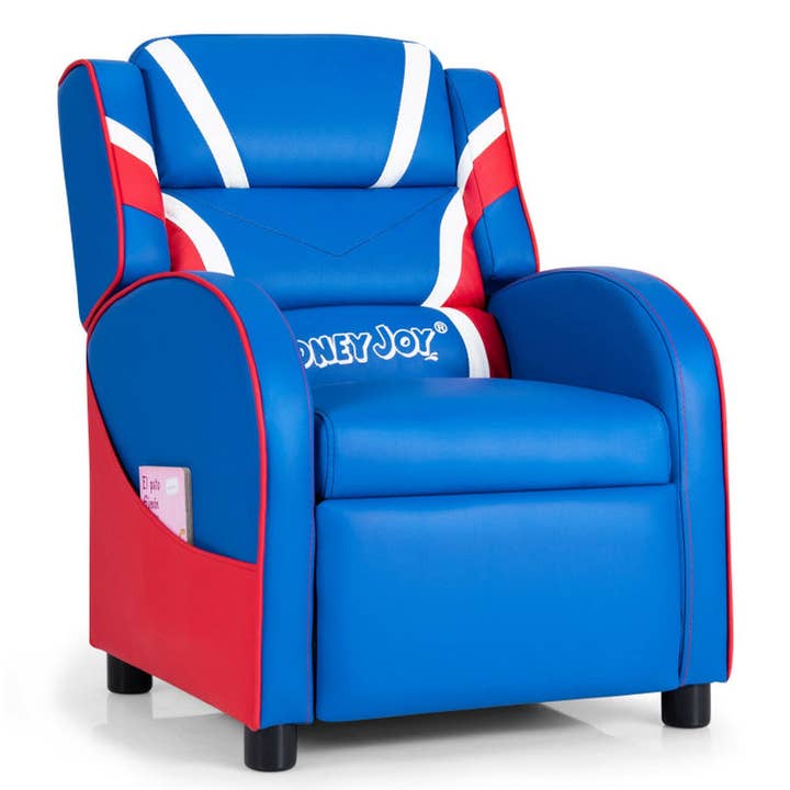 Blue Kids Leather Recliner Chair with Side Pockets for wholesale on Faire