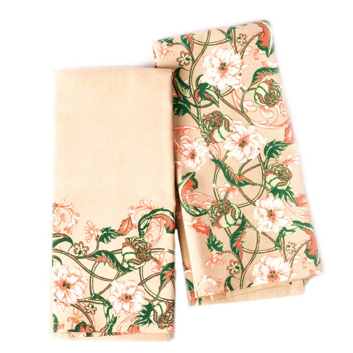 Set of 2, Floral Printed Kitchen Towels, 100% cotton, Beige for wholesale by The Fine Living Company