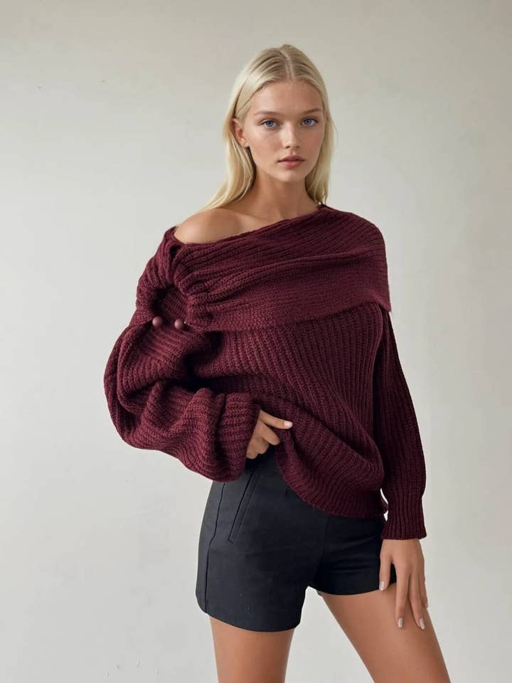 Anaz - Wholesale Knit Sweater - Women's - Draped Off-the-shoulder Sweater 0
