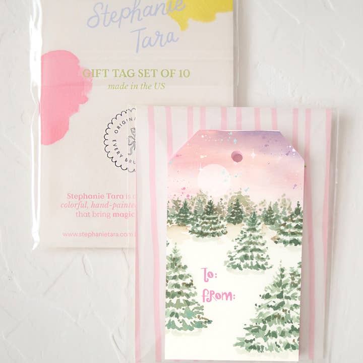 holiday tree farm gift tag set with silk ribbon for wholesale by Stephanie Tara Stationery