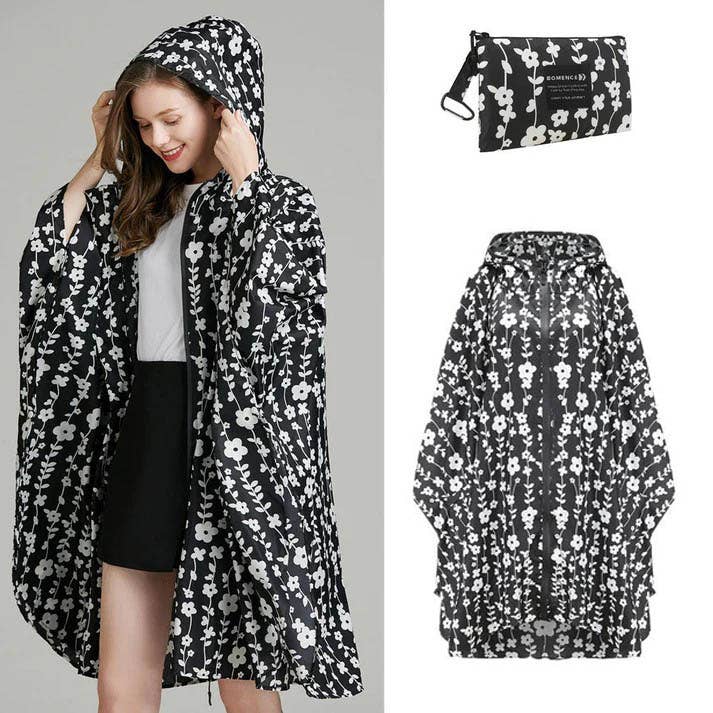 Bomence - Wholesale Poncho - Women's - Women's rain ponchos for cycling & hiking black flower1