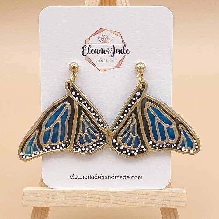 Blue Morpho Butterfly Stained Glass Clay Earring for wholesale by Eleanor Jade Handmade