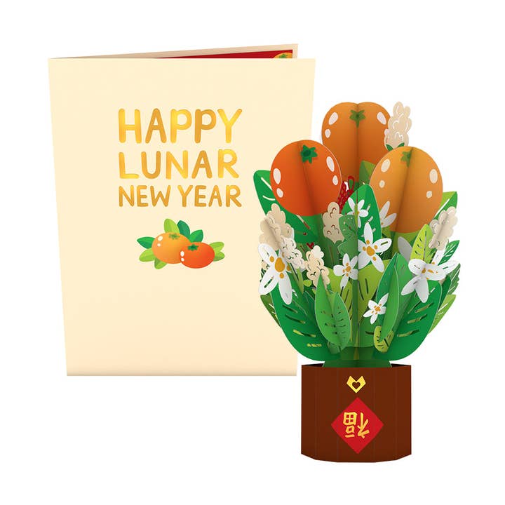 Lunar New Year Tangerine Tree Card with Mini Bouquet 5x7" for wholesale by Lovepop Cards