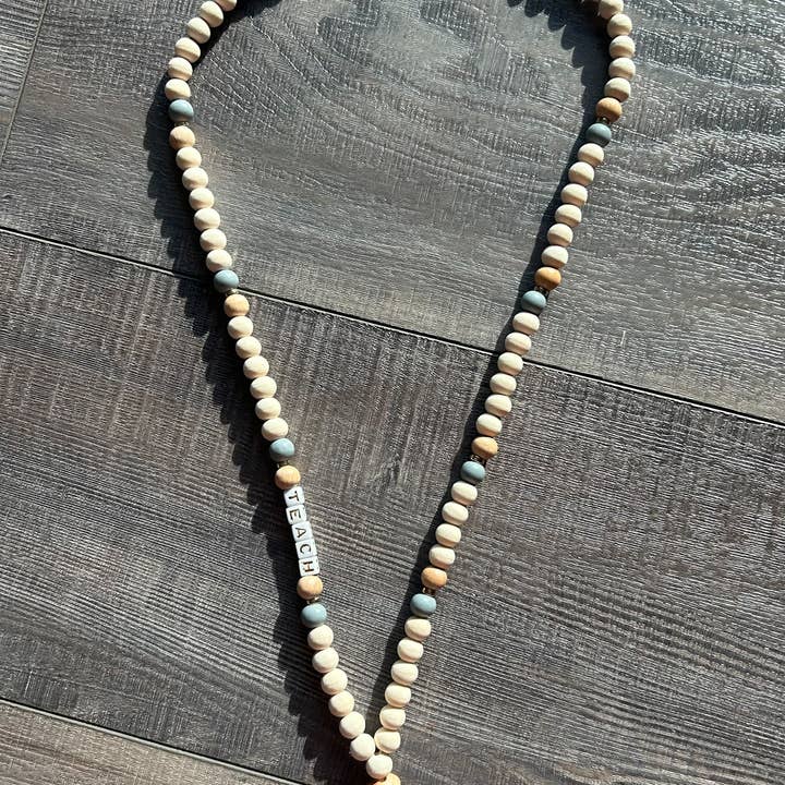 JILLIAN INK LLC - Wholesale Lanyard - Unisex - Teach Grey and Wood Beaded Lanyard with Breakaway Clasp