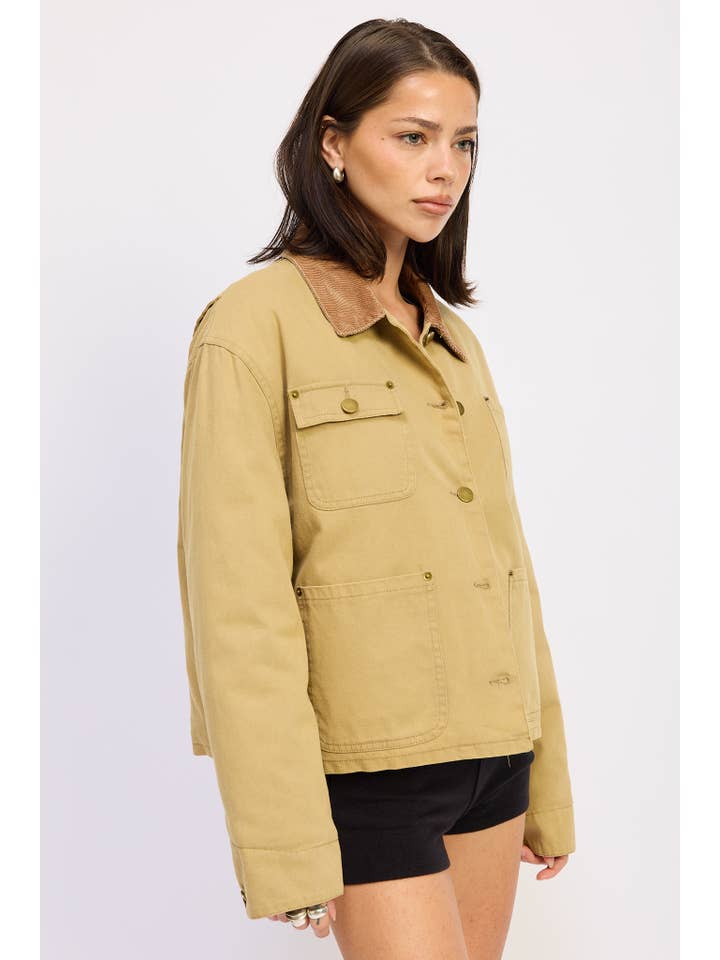 OLIVE KHAKI COMBO CHORE JACKET WITH POCKETS for wholesale on Faire9