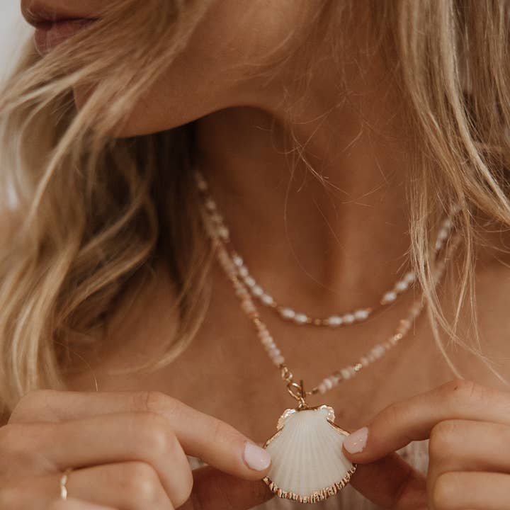 True by Kristy Jewelry - Wholesale Beaded/Pearl Necklace - Big Island Shell Sunstone Beaded Toggle Necklace Gold Filled