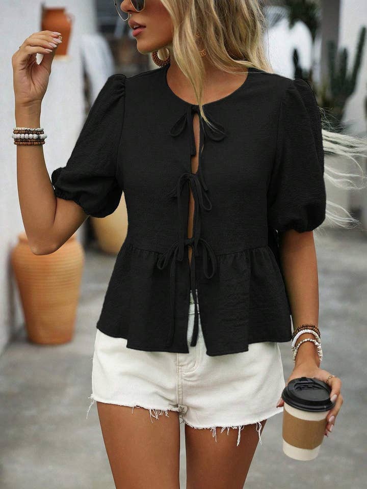 Flarix - Wholesale Blouse – Women’s - sleeve shirt with tie and puff sleeves summer13