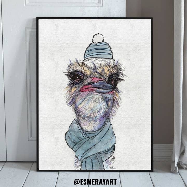 Winter Ostrich Art Print for wholesale by Esmeray Art