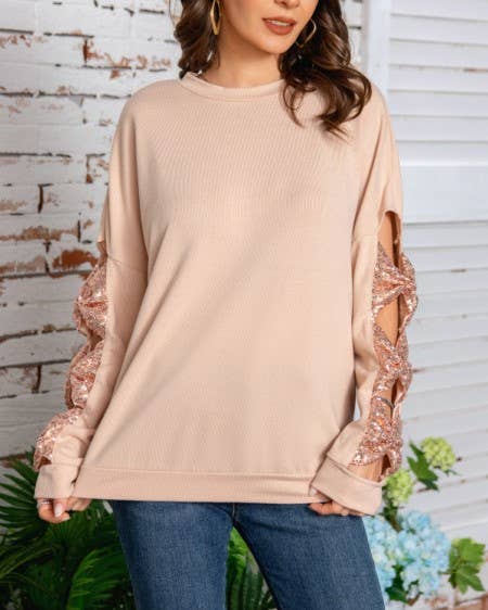 Rosa Clothing - Wholesale Sweatshirt - Women's - Fashion Sequin Bow Hollow Sleeve Sweatshirt1