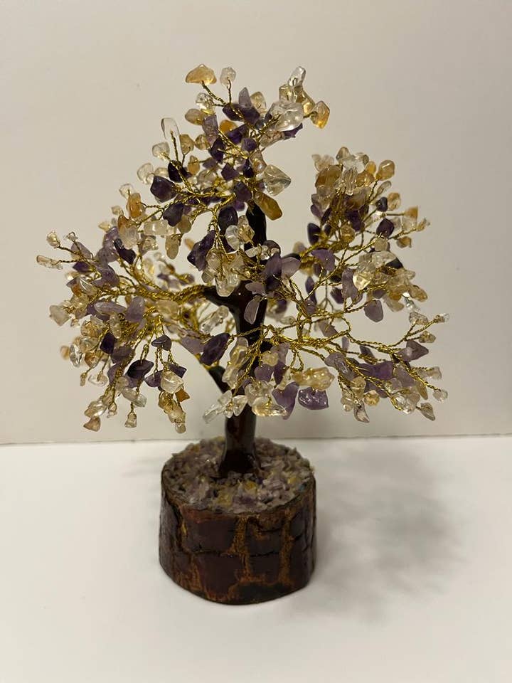 Citrine & Amethyst Gemstone Tree (500 chips, golden wire) for wholesale by jiomind