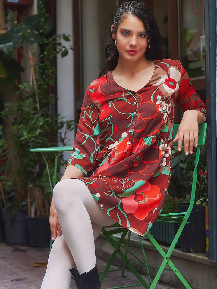 Button Up Short Casual Boho Dress Red for wholesale by BohoClandestino