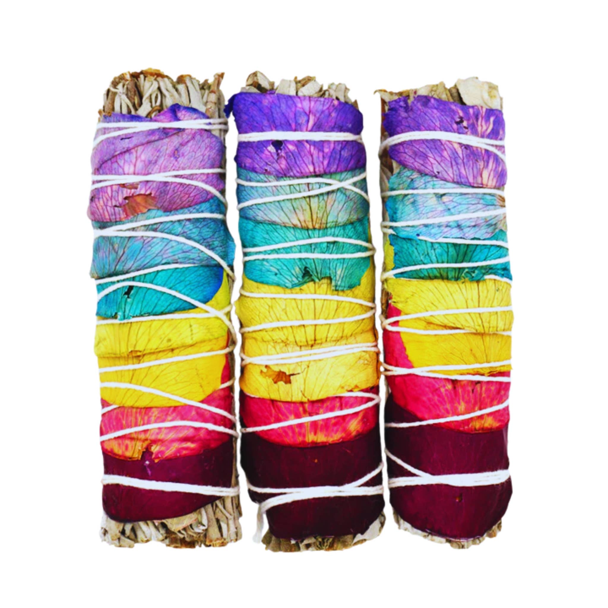 Third Eye Sage - Wholesale Sage Bundle - Rainbow 7 Chakras Rose Petals & White Sage 4″ Smudge Sticks 1