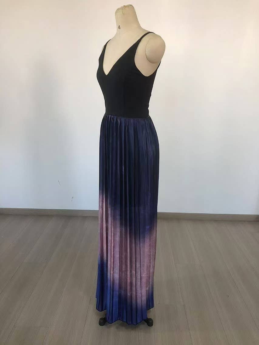 Flerfärgad DR355 Gradient veckad swing aftonklänning med djup V-hals för wholesale på Faire6