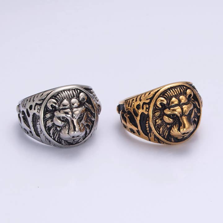 Gold/Silver Stainless Steel Lion Head Symbol Signet Ring for wholesale by Aim Eternal