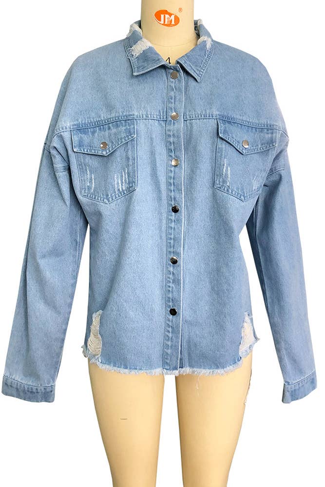 UNISHE - Venta al por mayor Sobrecamisa - Mujer - Chaqueta vaquera rasgada con dobladillo crudo TOPW4317