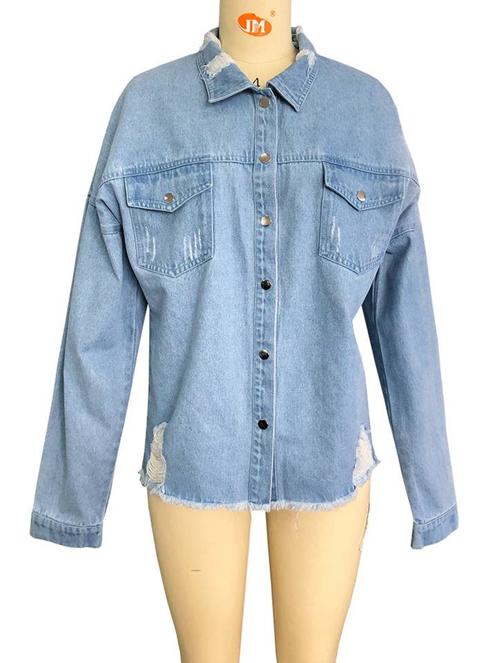 UNISHE - Venta al por mayor Sobrecamisa - Mujer - Chaqueta vaquera rasgada con dobladillo crudo TOPW4317