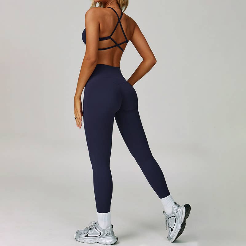 WONDERXFANS – Engroshandel Activewear-sæt – til kvinder – Krydsryg Sports-BH + Højtaljede leggings 2-delt sæt7