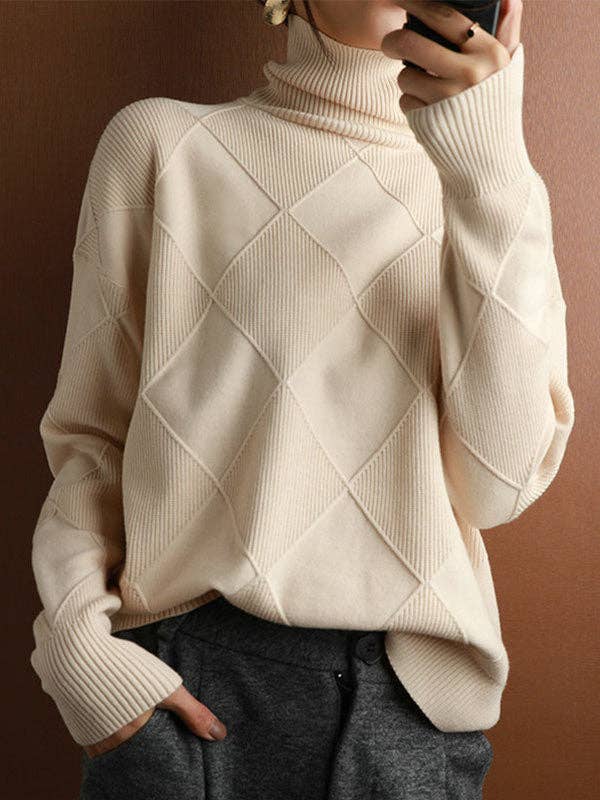 ShieldChic - Wholesale Knit Sweater - Women's - Loose Jacquard Solid Color High-Neck Sweater Tops11