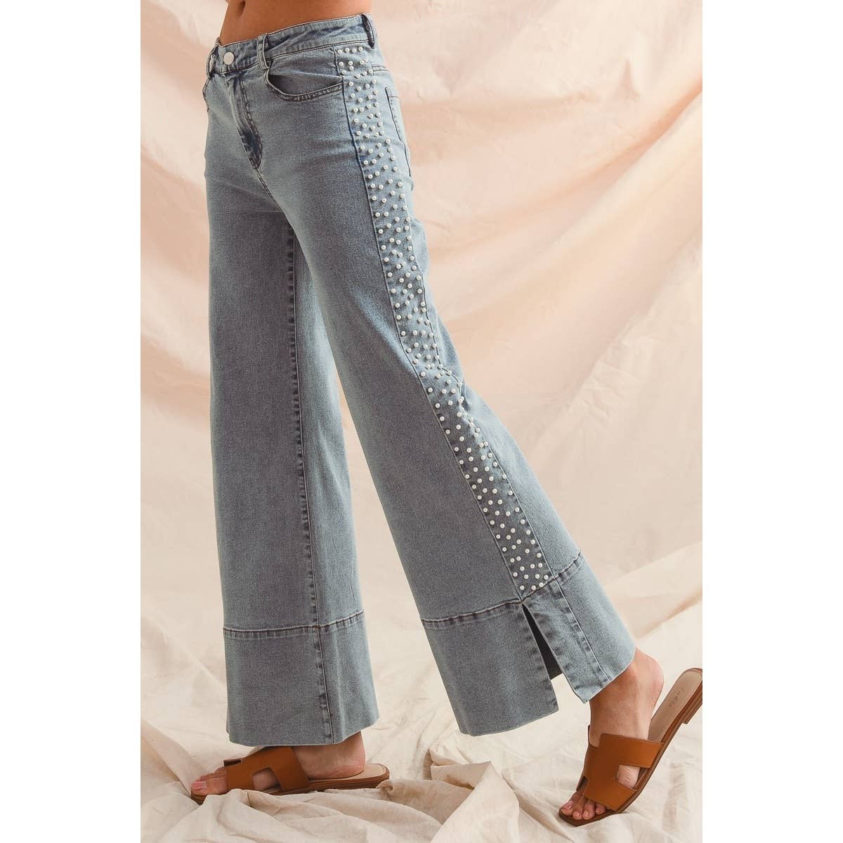IVE - Wholesale Pants - Women's - Mid Rise Flare Bottom Denim Jeans With Side Pearl8