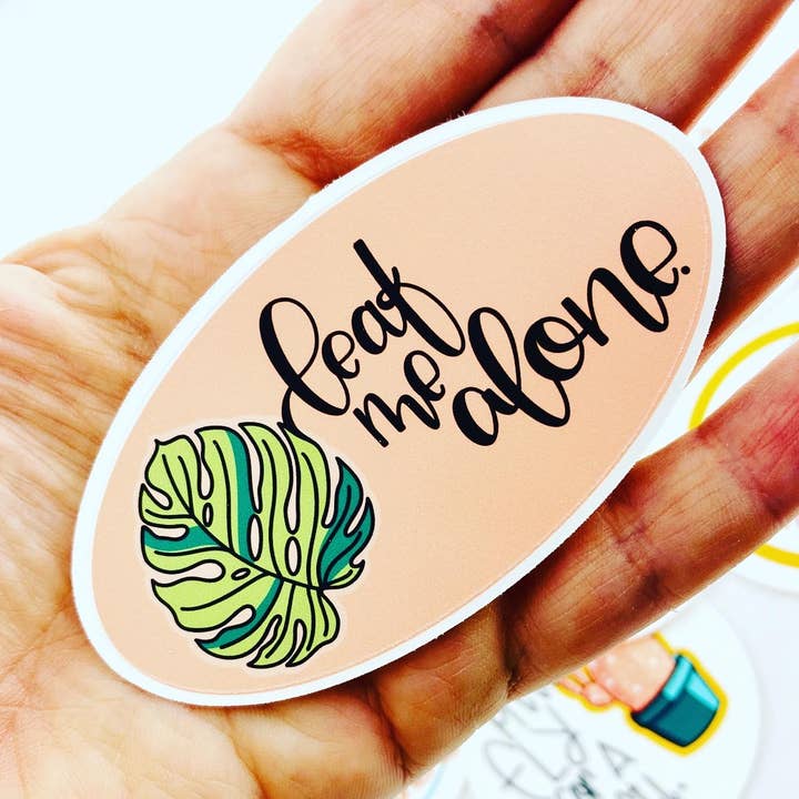 Funny, Plant-Themed (Leaf Me Alone) Vinyl Decal, Sticker for wholesale by Positively Handwritten