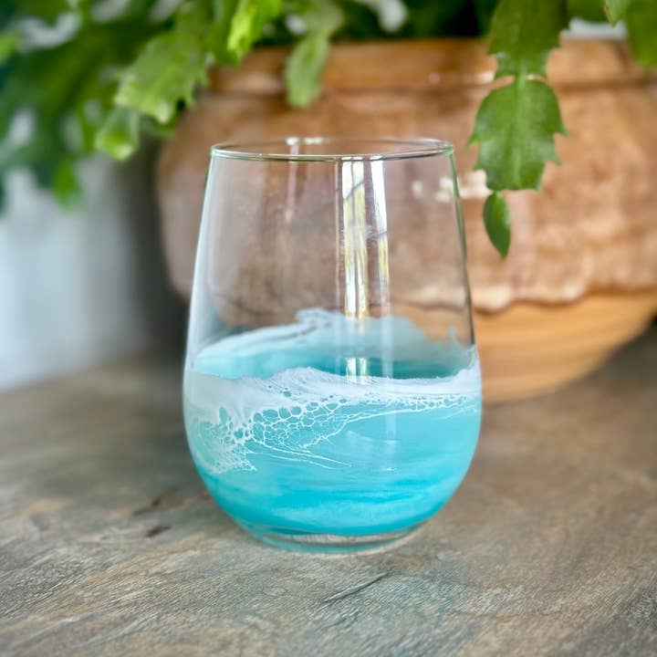 Artful Nests - Wholesale Wine Glass - Stemless Wine Glass with Resin Waves - Light Teal 7