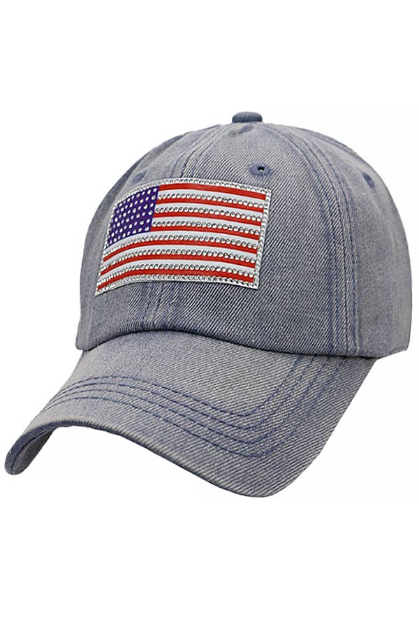 Cap Zone - Wholesale Baseball Cap - Unisex - American Flag Rhinestone Patch Washed Denim Baseball Cap0