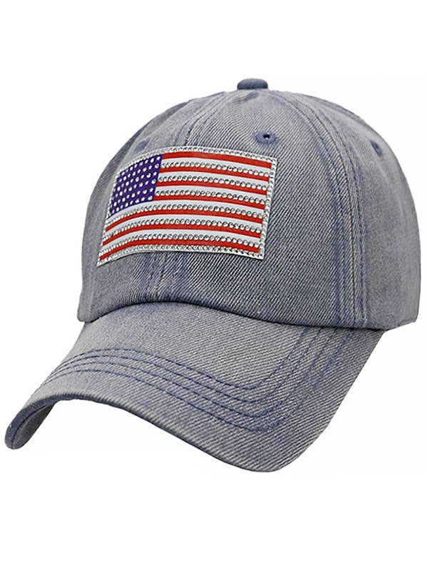 American Flag Rhinestone Patch Washed Denim Baseball Cap for wholesale by Cap Zone