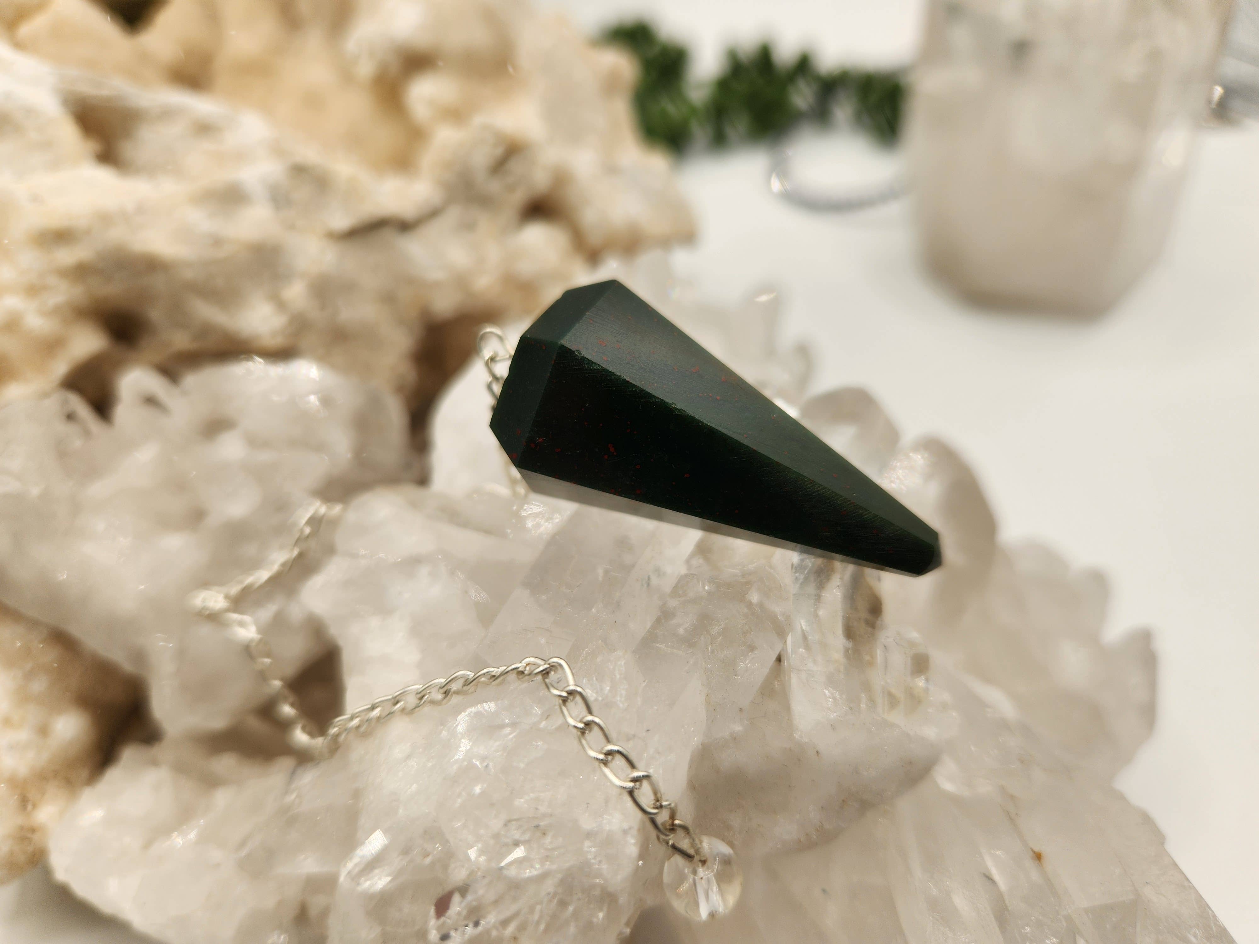 Meraki Gemstones – wholesale Pendulum board – Bloodstone Gemstone Pendulum w/Silver plated chain4