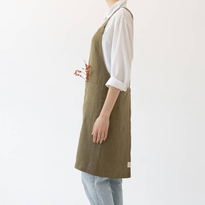 Linen Tales (We cover U.S. import duties) - Wholesale Apron - Martini Olive Linen Japanese Crossback Apron2