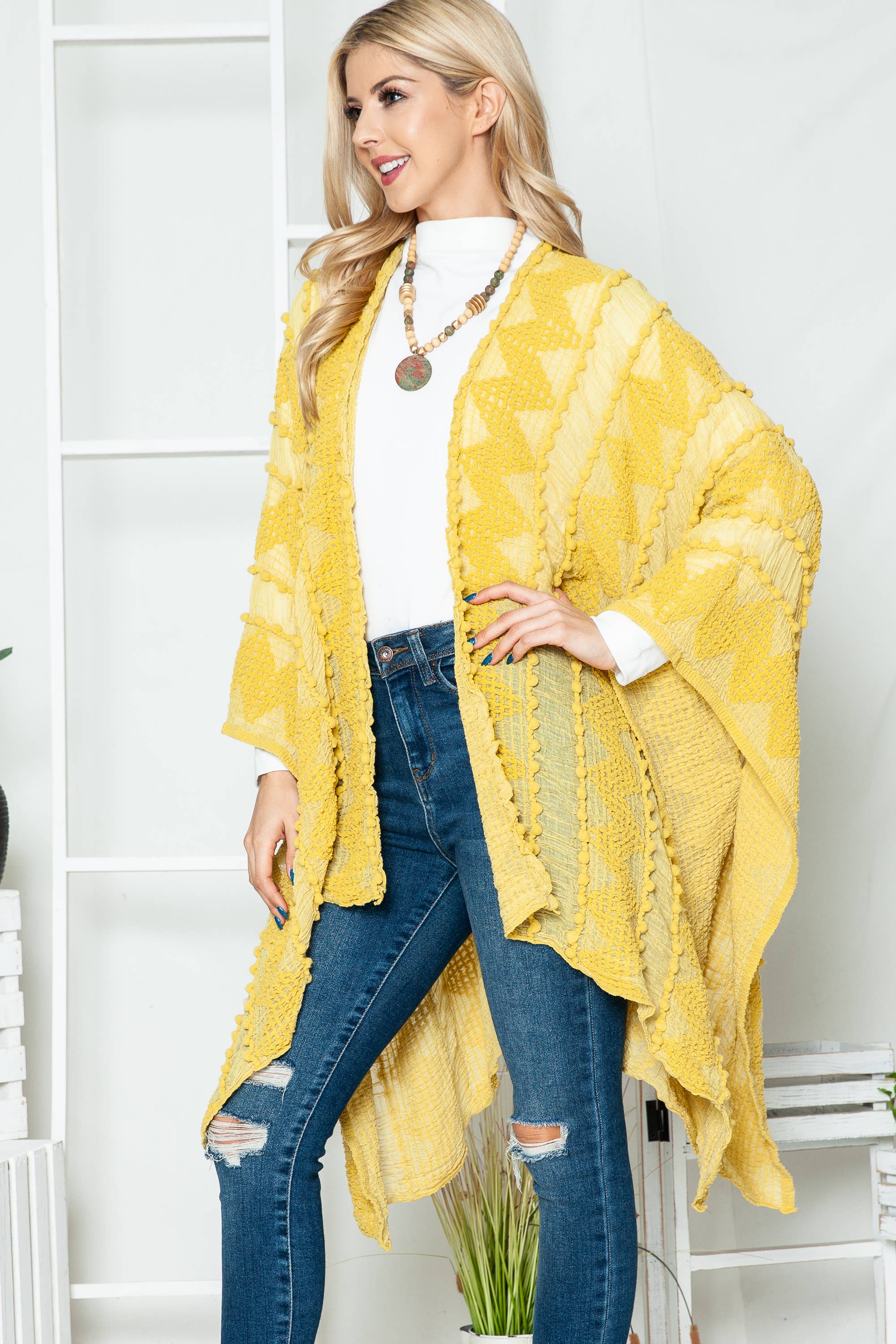 Justin & Taylor - Wholesale Kimono - Women's - Puffer-Up | Soft Textured Cover-Up Kimono With Pom Detail9