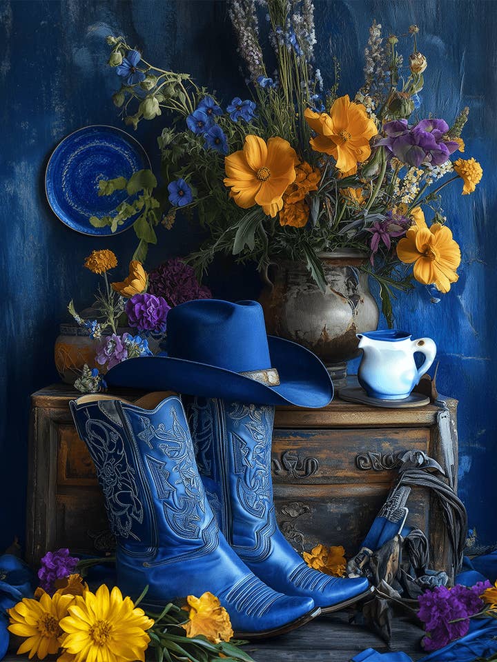 Nature morte de cowgirl bleue – Œuvre de 8″x10″ dans un passe-partout de 11″x14″ pour la vente par Mowbi