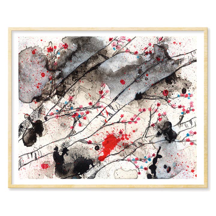 Stampa artistica nera con fiori di ciliegio per la vendita all'ingrosso da parte di Tamara Garvey Illustration