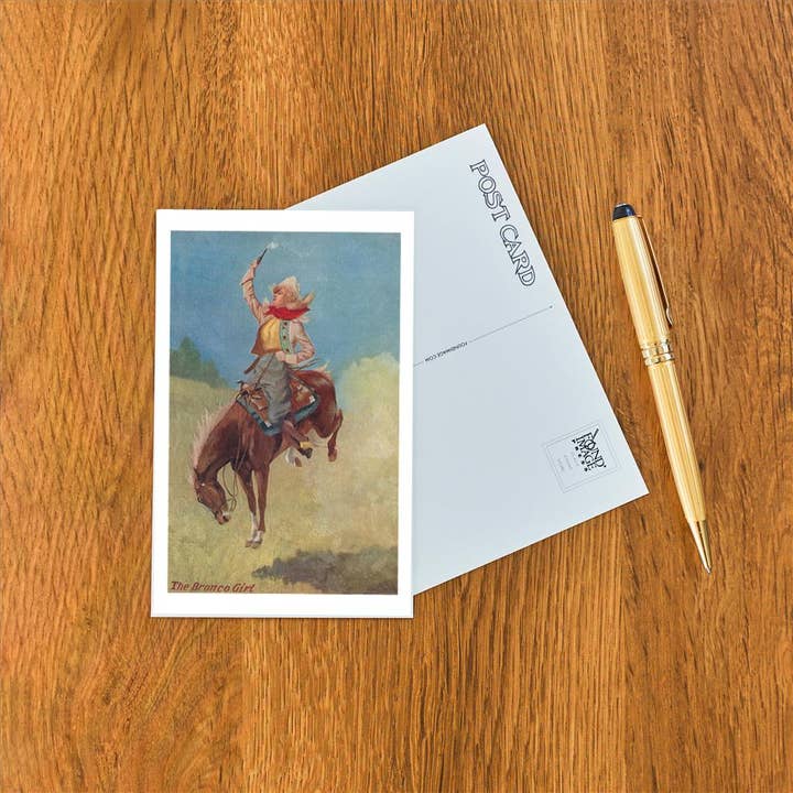 Found Image Press - Vendita all'ingrosso Cartoline - Cartolina CG-61 Cowgirl su Cavallo Impennato Dipinto1