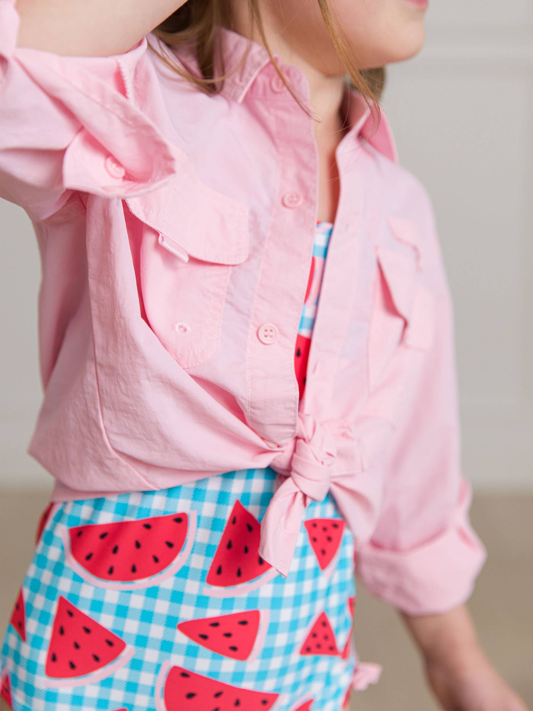 Kids Pink Sun Protective Button Down Fishing Shirt for wholesale on Faire1