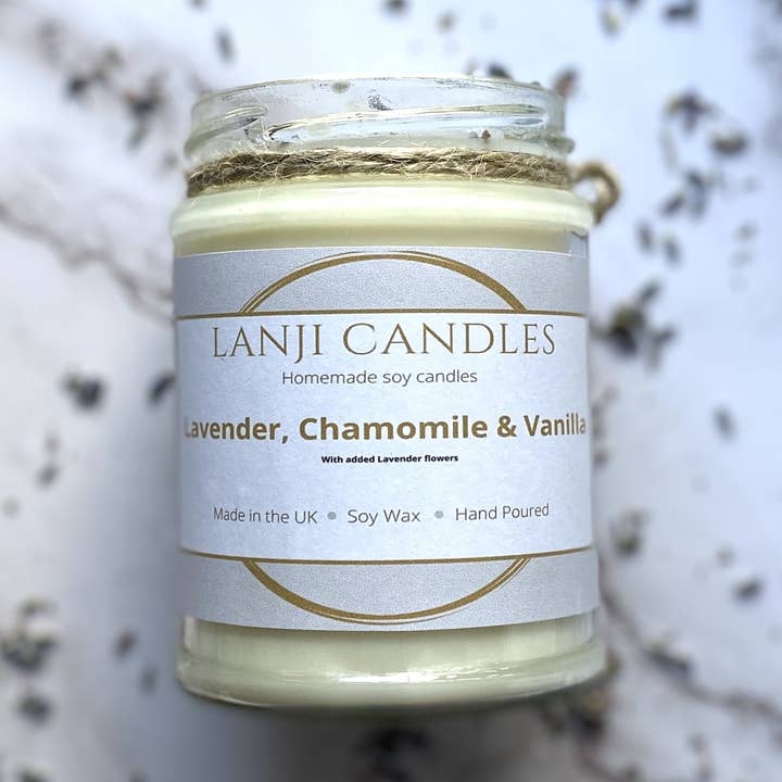 Bougie parfumée à la cire de soja lavande, charmomile et vanille pour la vente par Lanji candles